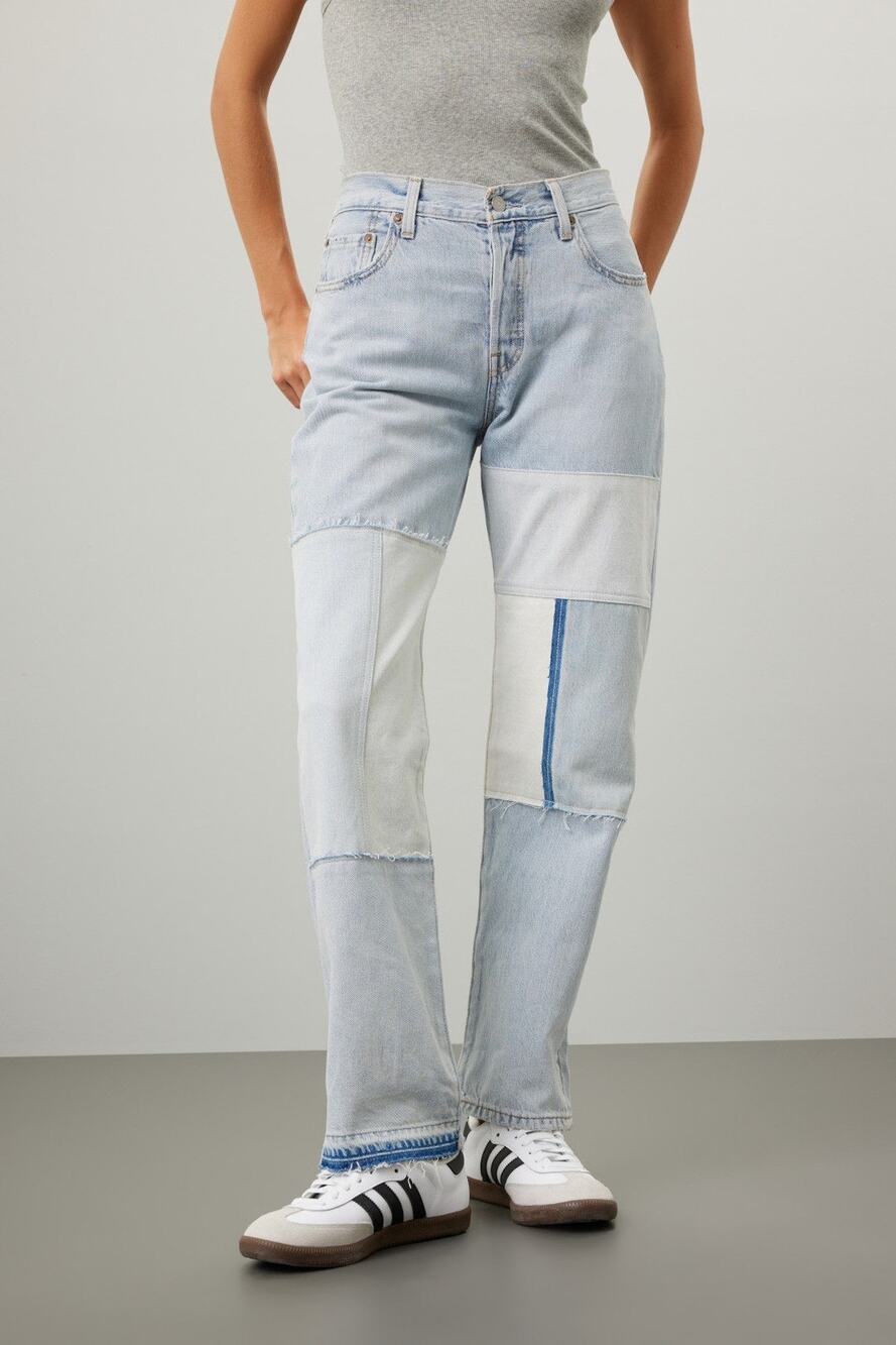 Levi's 501 Blue 100% Cotton Denim Patchwork Freehand Folk Jeans Size W 32 L 30 - Picture 1 of 16
